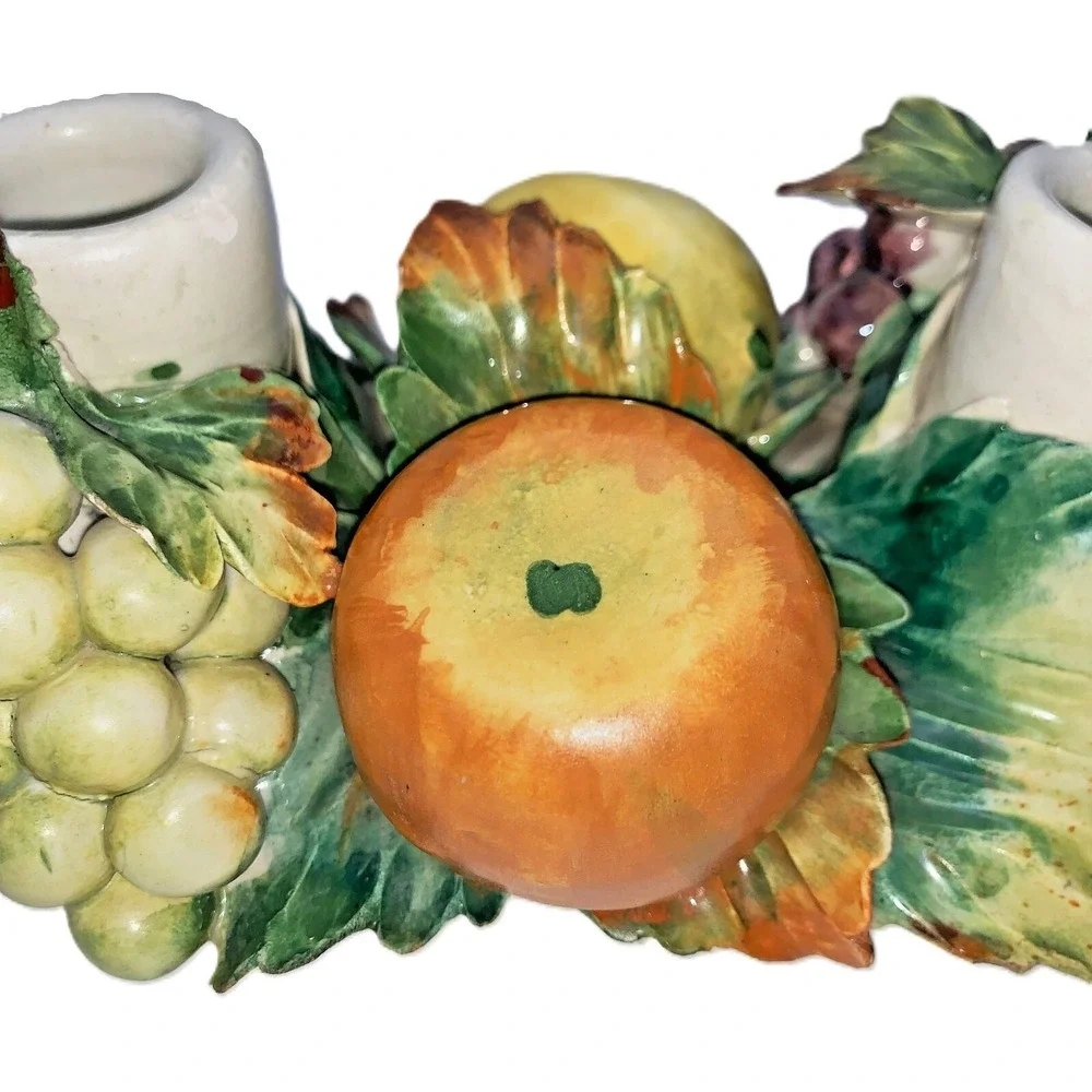 Gorgeous Antique Capodimonte Fruit Foliage Two-Candle Holder Handmade Italy 10x5
